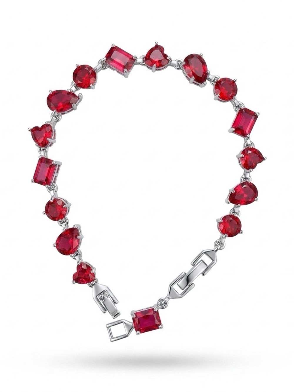 Silver Ruby Red Multi-Cut Crystal Tennis Bracelet (6"–8")